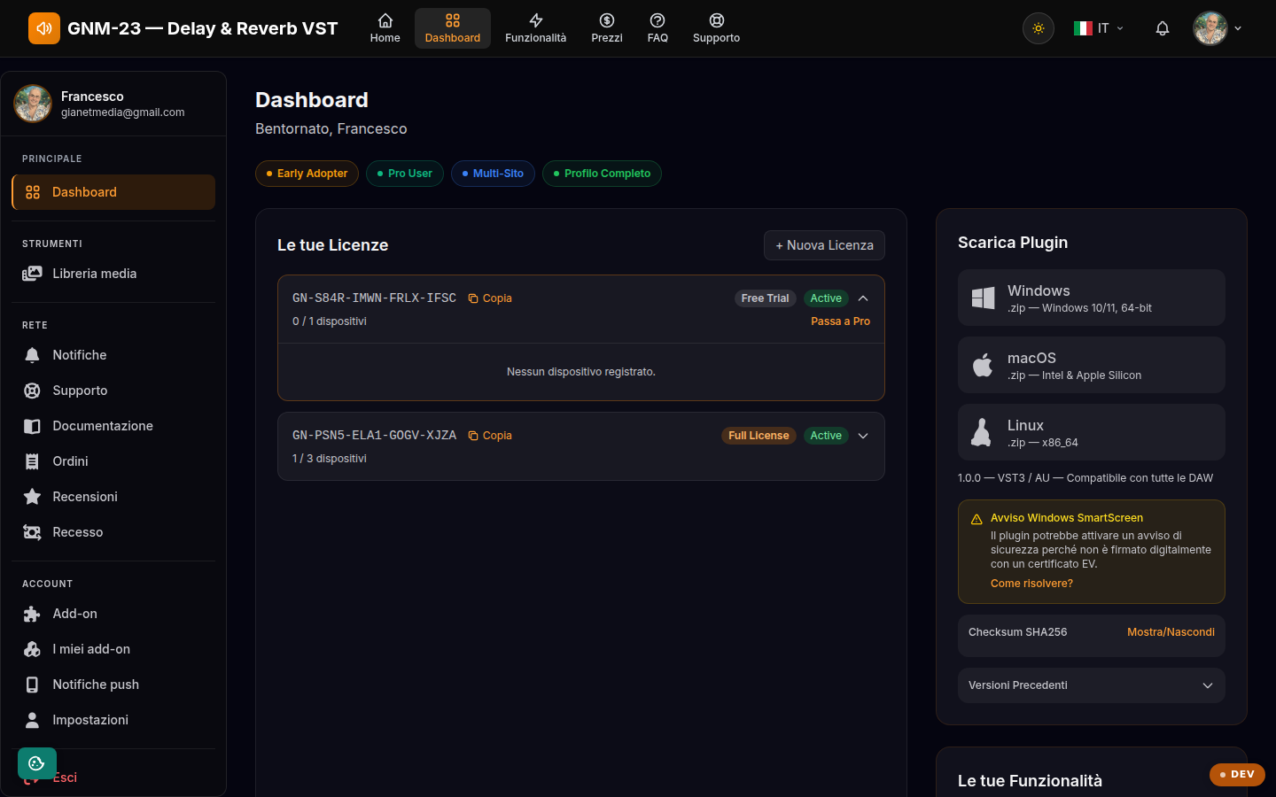 La tua dashboard